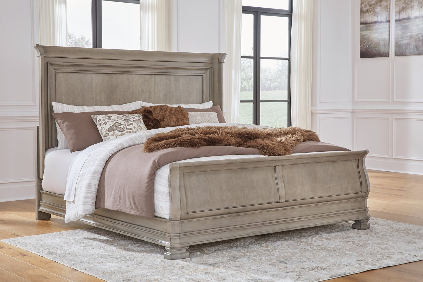 Lexorne California King Sleigh Bed with Mirrored Dresser, Chest and Nightstand at Towne & Country Furniture (AL) furniture, home furniture, home decor, sofa, bedding