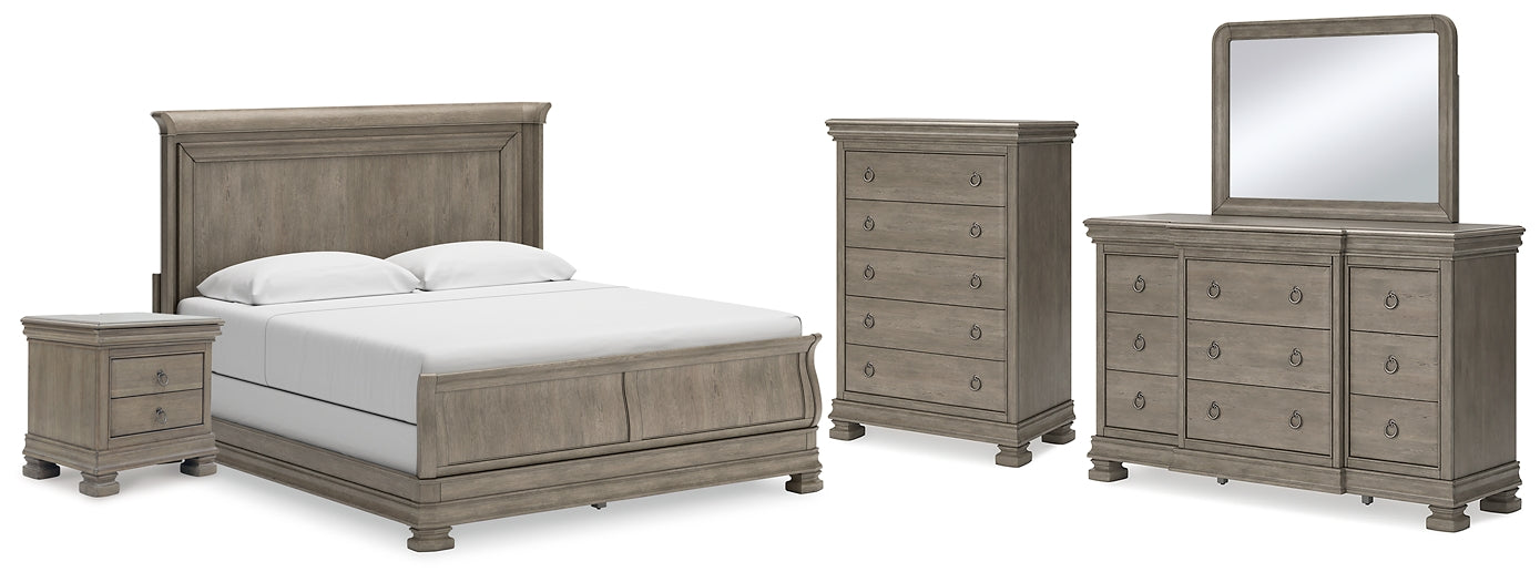 Lexorne King Sleigh Bed with Mirrored Dresser, Chest and Nightstand at Towne & Country Furniture (AL) furniture, home furniture, home decor, sofa, bedding