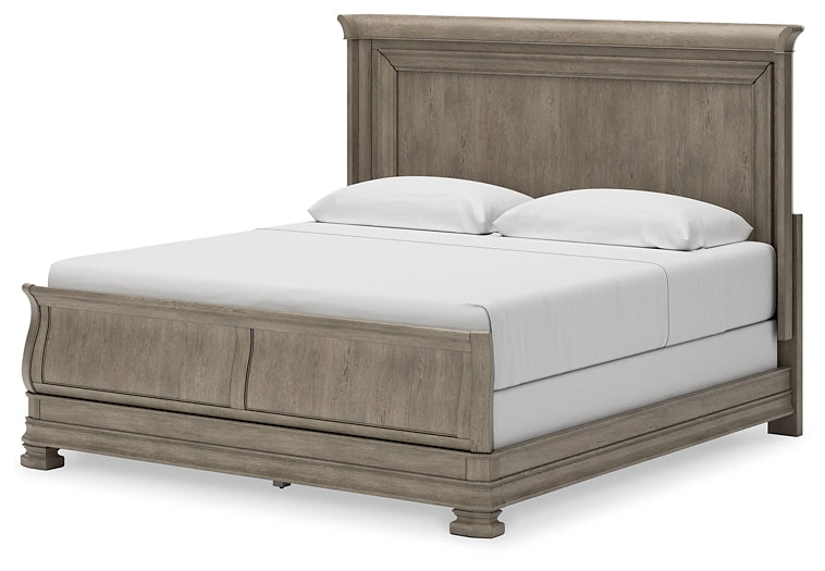 Lexorne King Sleigh Bed with Mirrored Dresser, Chest and Nightstand at Towne & Country Furniture (AL) furniture, home furniture, home decor, sofa, bedding