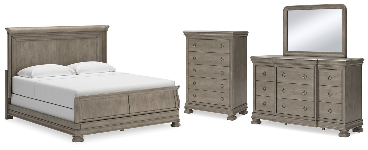 Lexorne King Sleigh Bed with Mirrored Dresser and Chest at Towne & Country Furniture (AL) furniture, home furniture, home decor, sofa, bedding