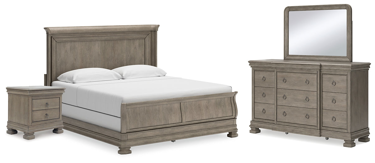 Lexorne King Sleigh Bed with Mirrored Dresser and Nightstand at Towne & Country Furniture (AL) furniture, home furniture, home decor, sofa, bedding