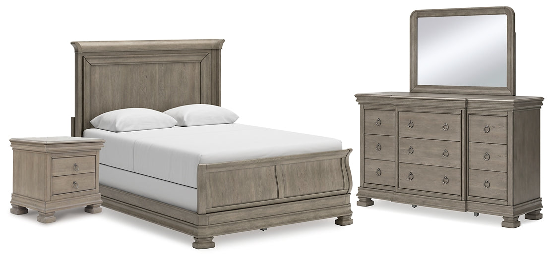 Lexorne Queen Sleigh Bed with Mirrored Dresser and Nightstand at Towne & Country Furniture (AL) furniture, home furniture, home decor, sofa, bedding