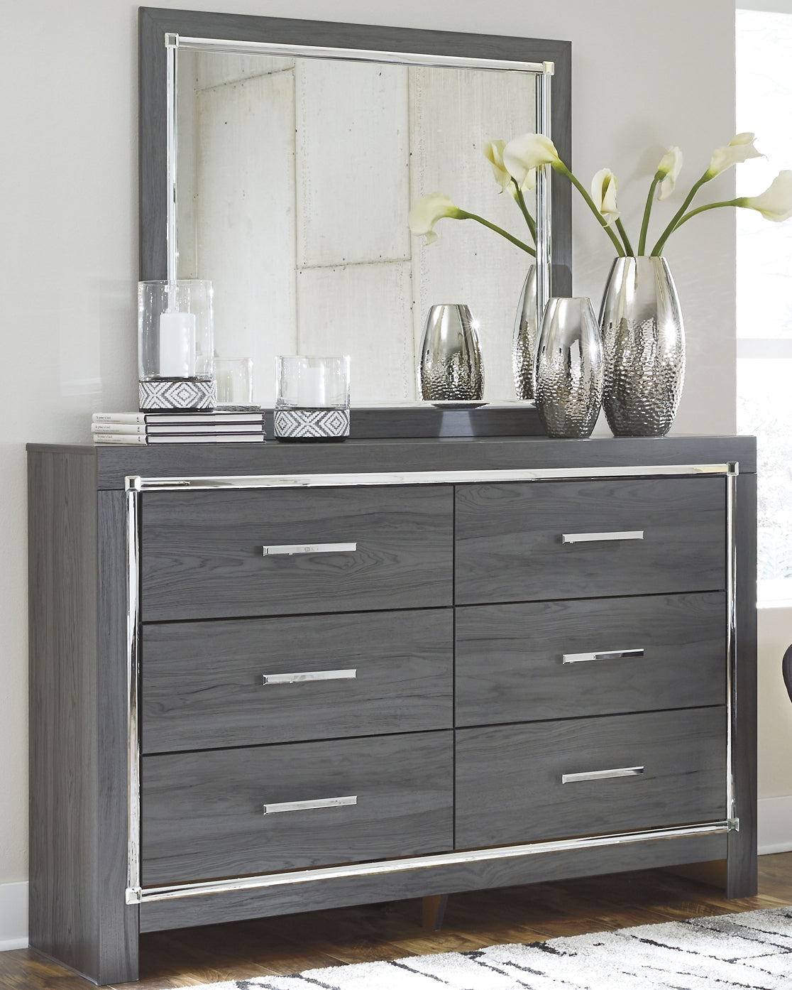 Lodanna Full Upholstered Panel Headboard with Mirrored Dresser and Chest at Towne & Country Furniture (AL) furniture, home furniture, home decor, sofa, bedding
