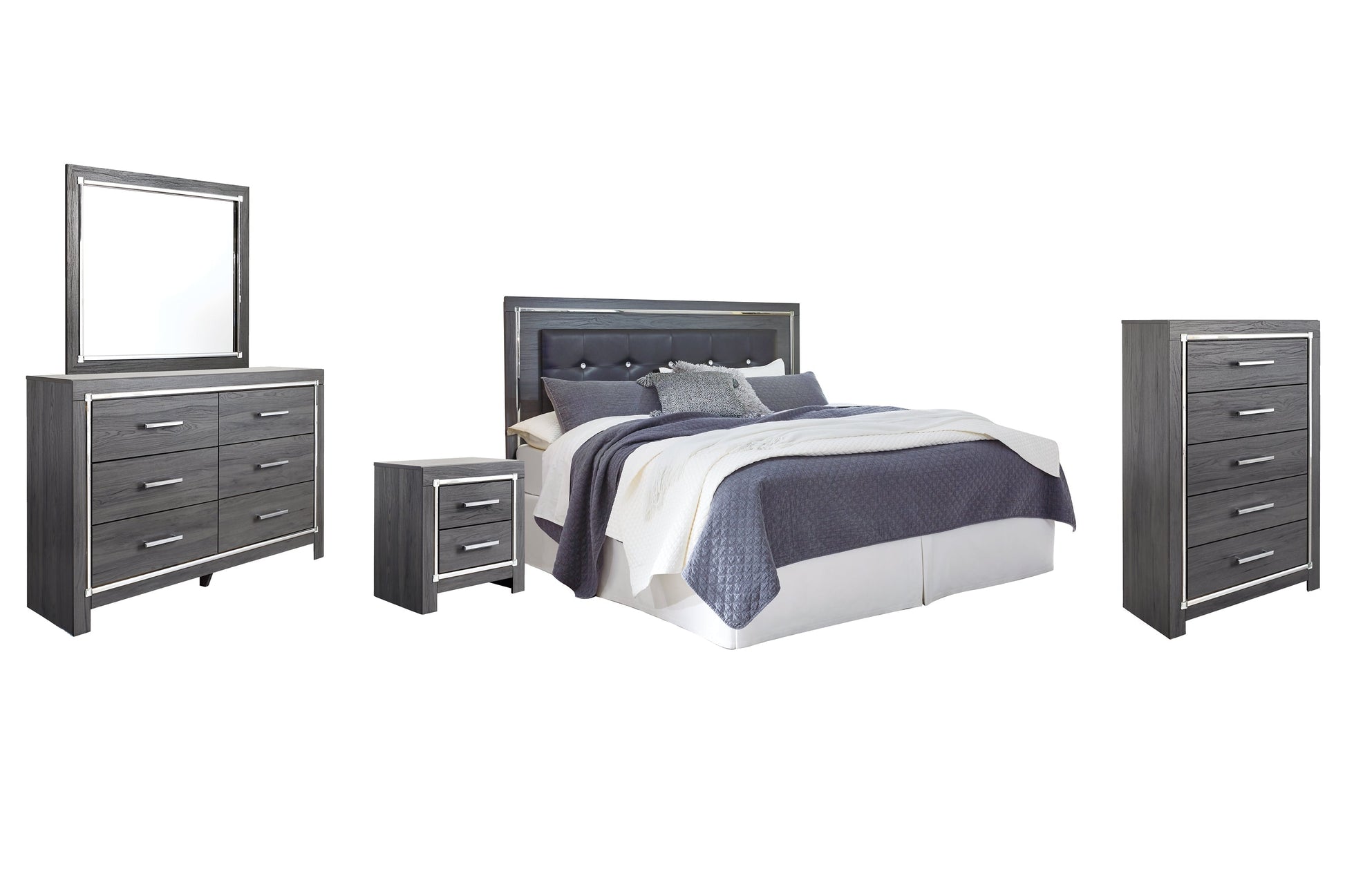 Lodanna King/California King Upholstered Panel Headboard with Mirrored Dresser, Chest and Nightstand at Towne & Country Furniture (AL) furniture, home furniture, home decor, sofa, bedding