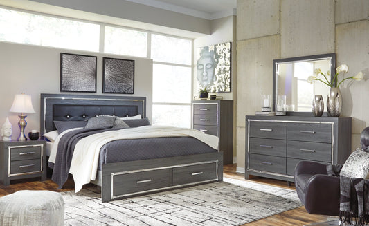 Lodanna King Panel Bed with 2 Storage Drawers with Mirrored Dresser, Chest and 2 Nightstands at Towne & Country Furniture (AL) furniture, home furniture, home decor, sofa, bedding