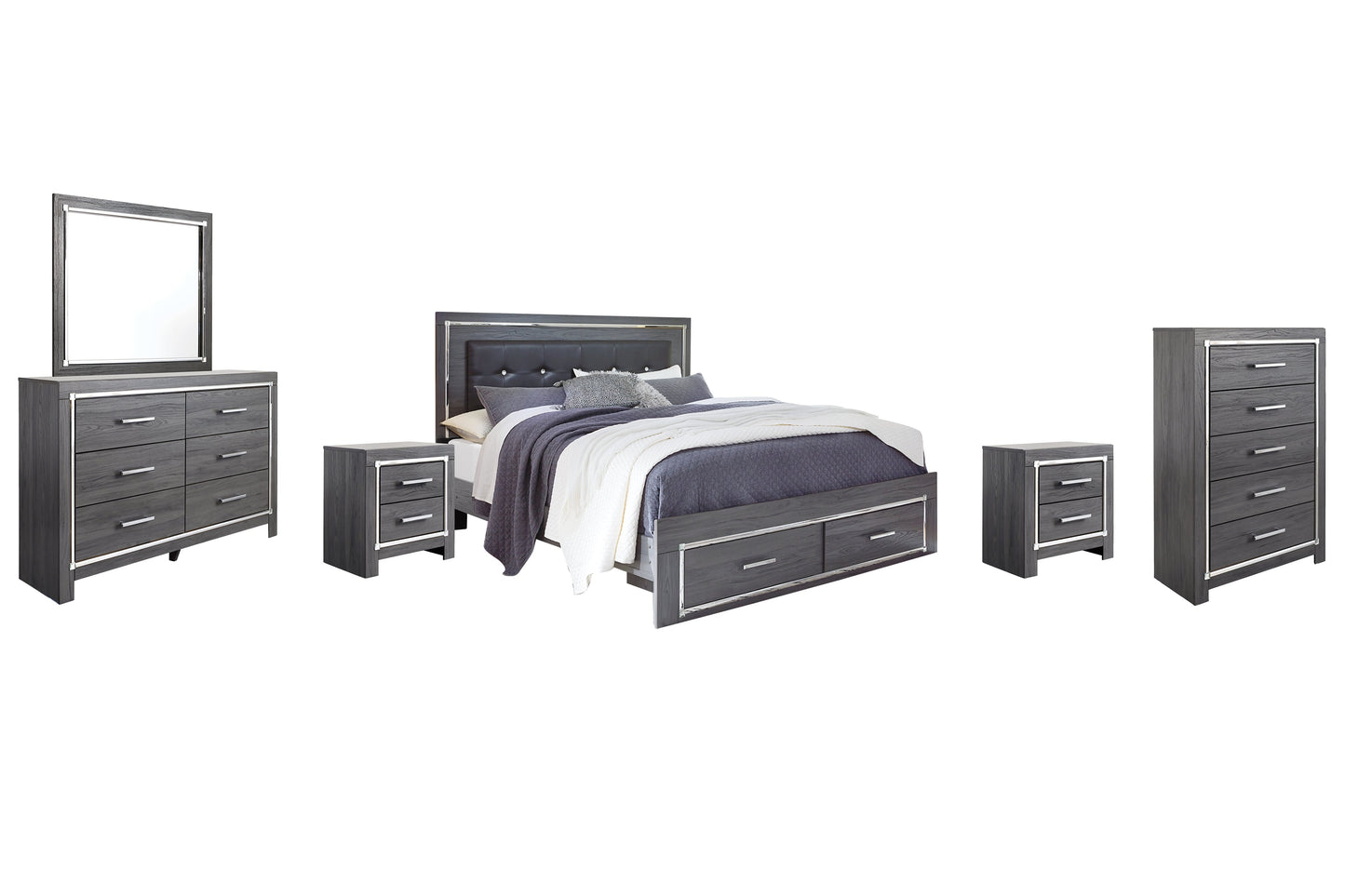 Lodanna King Panel Bed with 2 Storage Drawers with Mirrored Dresser, Chest and 2 Nightstands at Towne & Country Furniture (AL) furniture, home furniture, home decor, sofa, bedding
