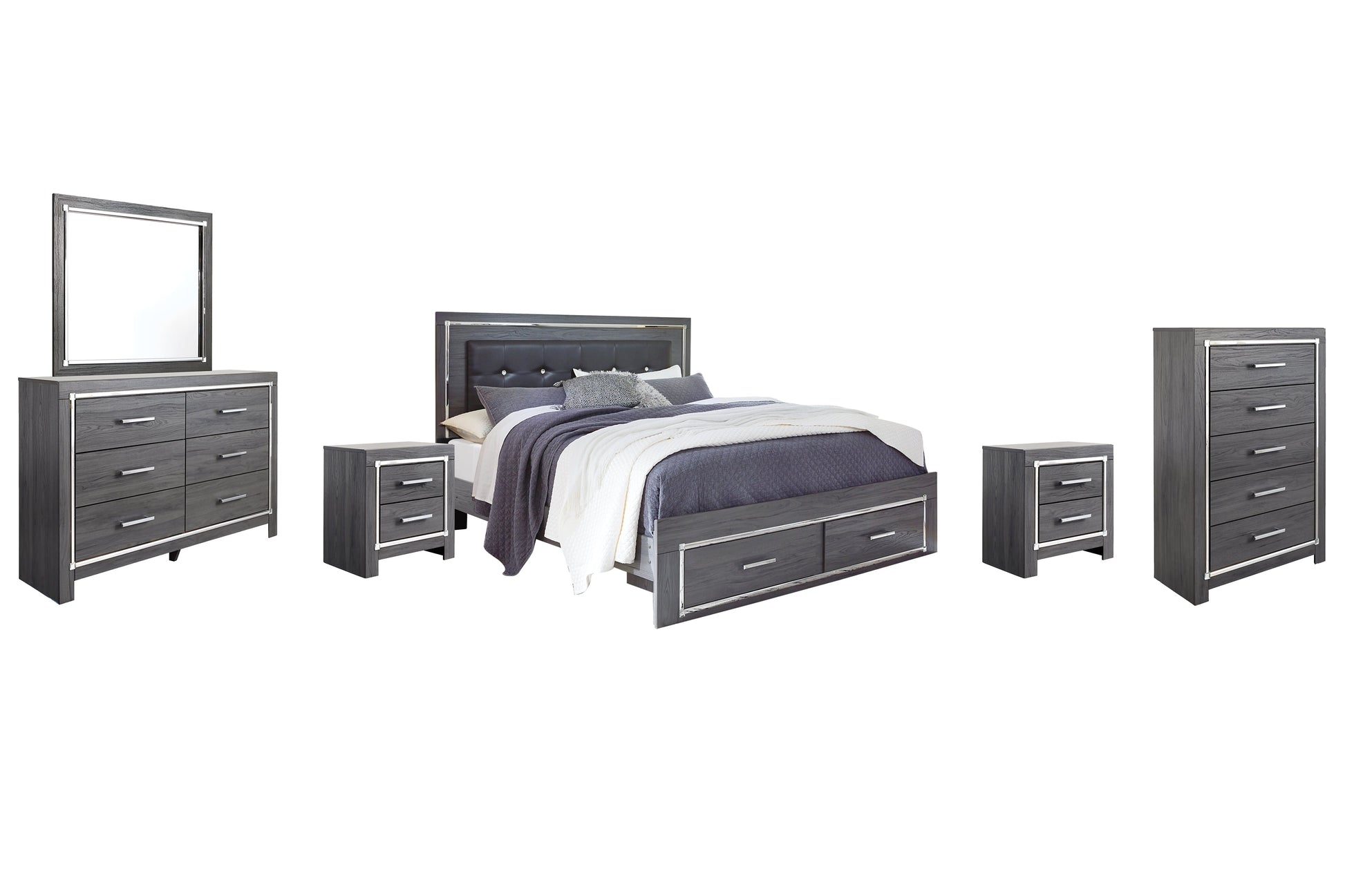 Lodanna King Panel Bed with 2 Storage Drawers with Mirrored Dresser, Chest and 2 Nightstands at Towne & Country Furniture (AL) furniture, home furniture, home decor, sofa, bedding