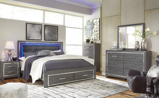 Lodanna King Panel Bed with 2 Storage Drawers with Mirrored Dresser and 2 Nightstands at Towne & Country Furniture (AL) furniture, home furniture, home decor, sofa, bedding