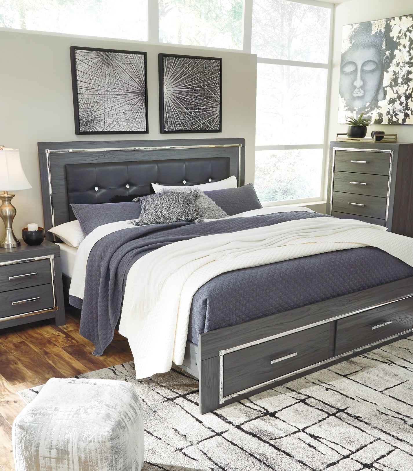 Lodanna King Panel Bed with 2 Storage Drawers with Mirrored Dresser and Nightstand at Towne & Country Furniture (AL) furniture, home furniture, home decor, sofa, bedding