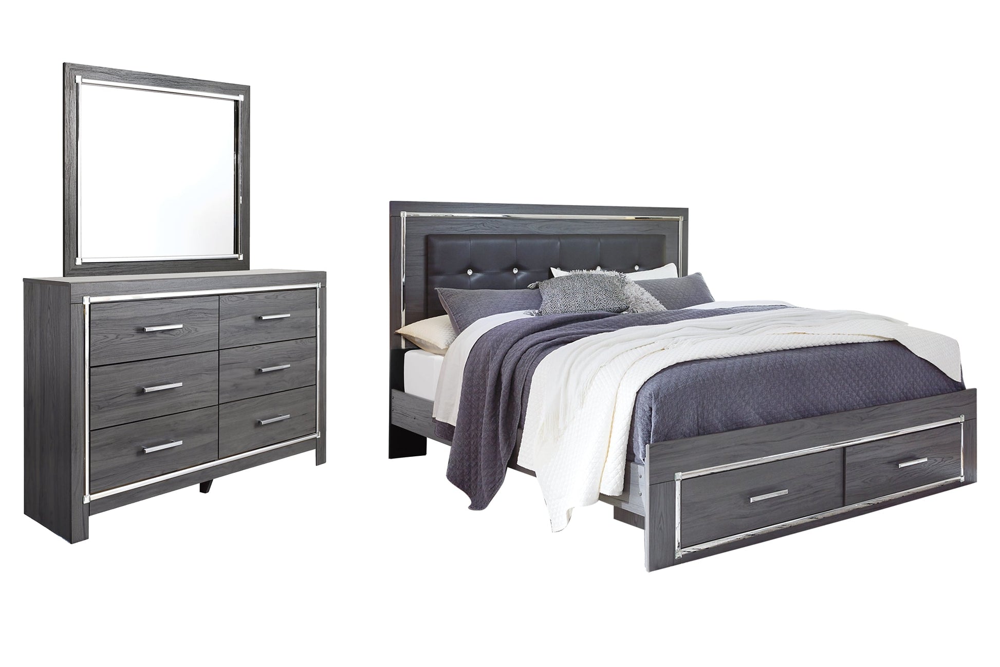 Lodanna King Panel Bed with 2 Storage Drawers with Mirrored Dresser at Towne & Country Furniture (AL) furniture, home furniture, home decor, sofa, bedding