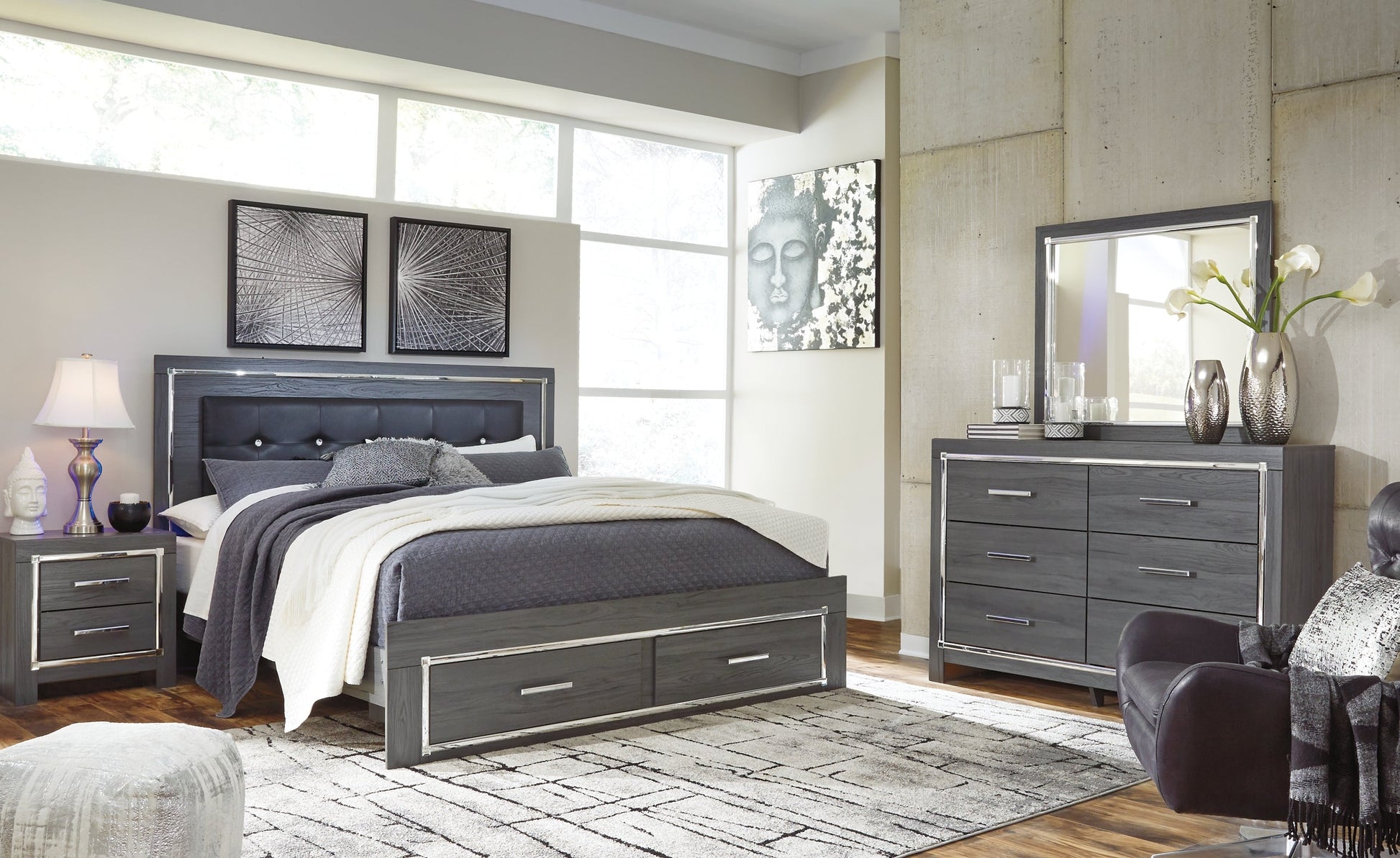 Lodanna King Panel Bed with 2 Storage Drawers with Mirrored Dresser at Towne & Country Furniture (AL) furniture, home furniture, home decor, sofa, bedding