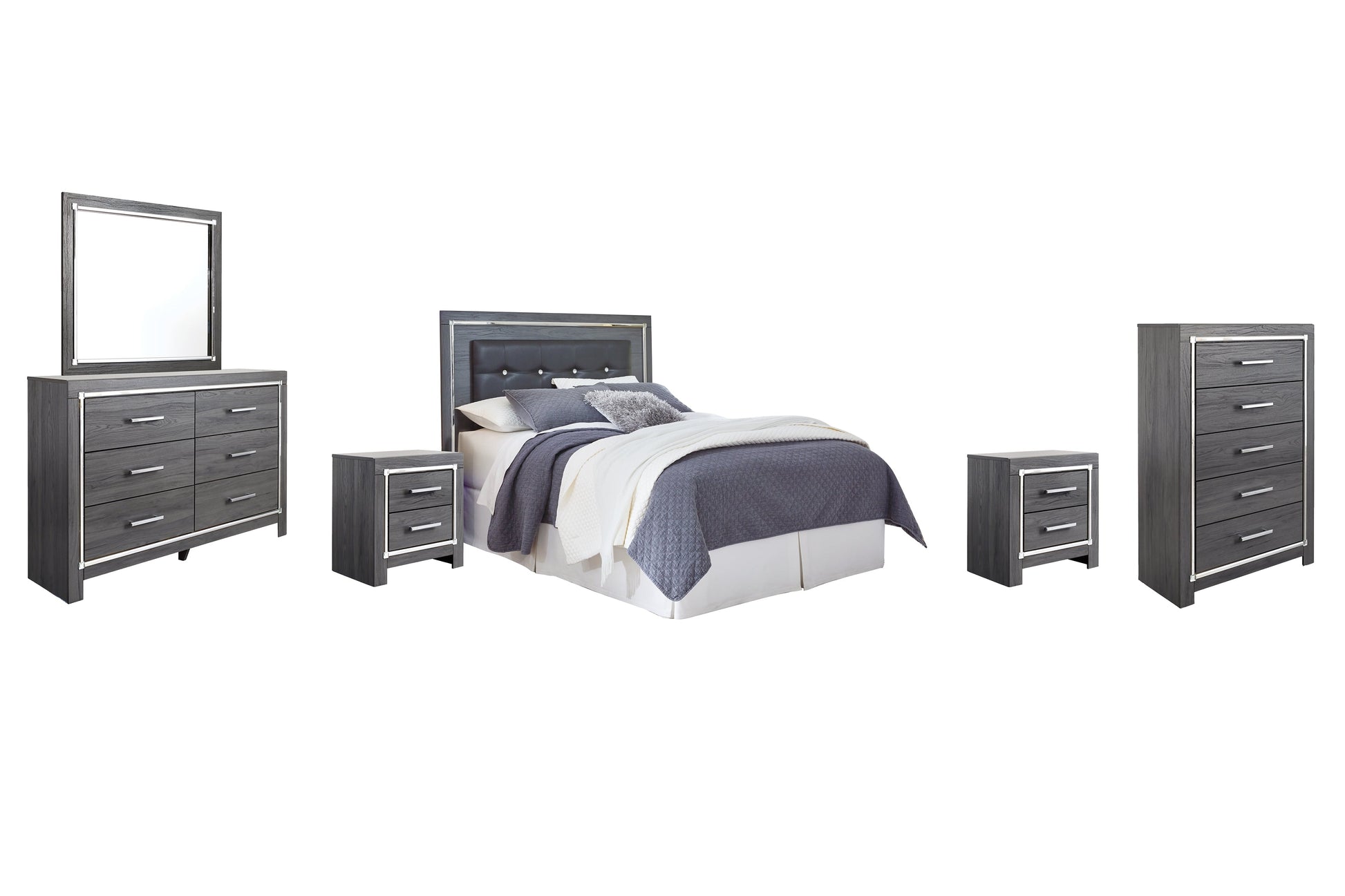 Lodanna Queen/Full Upholstered Panel Headboard with Mirrored Dresser, Chest and 2 Nightstands at Towne & Country Furniture (AL) furniture, home furniture, home decor, sofa, bedding