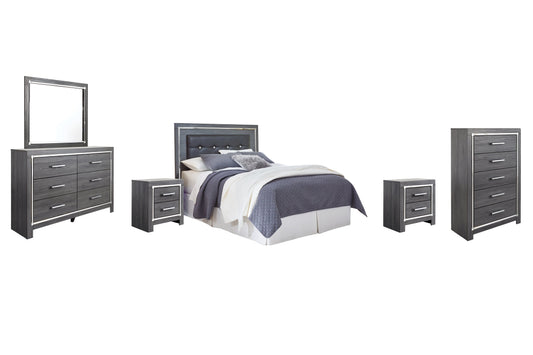 Lodanna Queen/Full Upholstered Panel Headboard with Mirrored Dresser, Chest and 2 Nightstands at Towne & Country Furniture (AL) furniture, home furniture, home decor, sofa, bedding