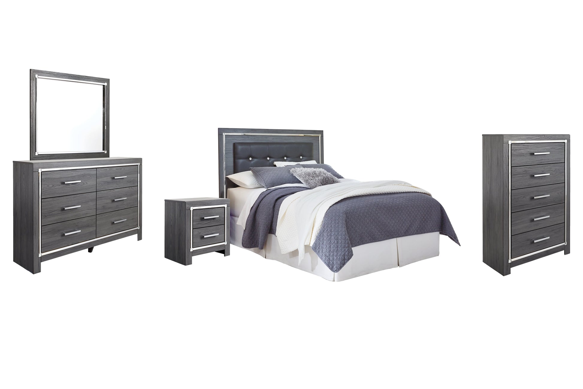 Lodanna Queen/Full Upholstered Panel Headboard with Mirrored Dresser, Chest and Nightstand at Towne & Country Furniture (AL) furniture, home furniture, home decor, sofa, bedding