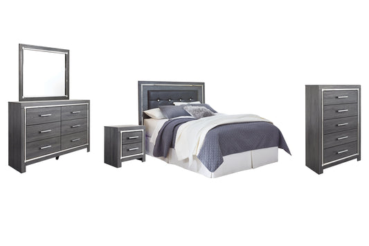Lodanna Queen/Full Upholstered Panel Headboard with Mirrored Dresser, Chest and Nightstand at Towne & Country Furniture (AL) furniture, home furniture, home decor, sofa, bedding