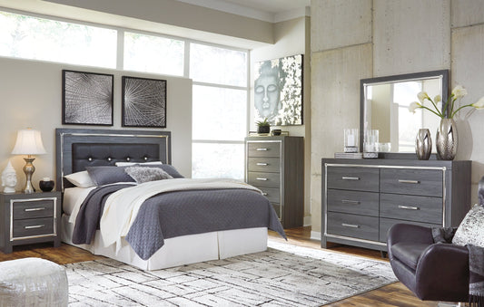 Lodanna Queen/Full Upholstered Panel Headboard with Mirrored Dresser and 2 Nightstands at Towne & Country Furniture (AL) furniture, home furniture, home decor, sofa, bedding