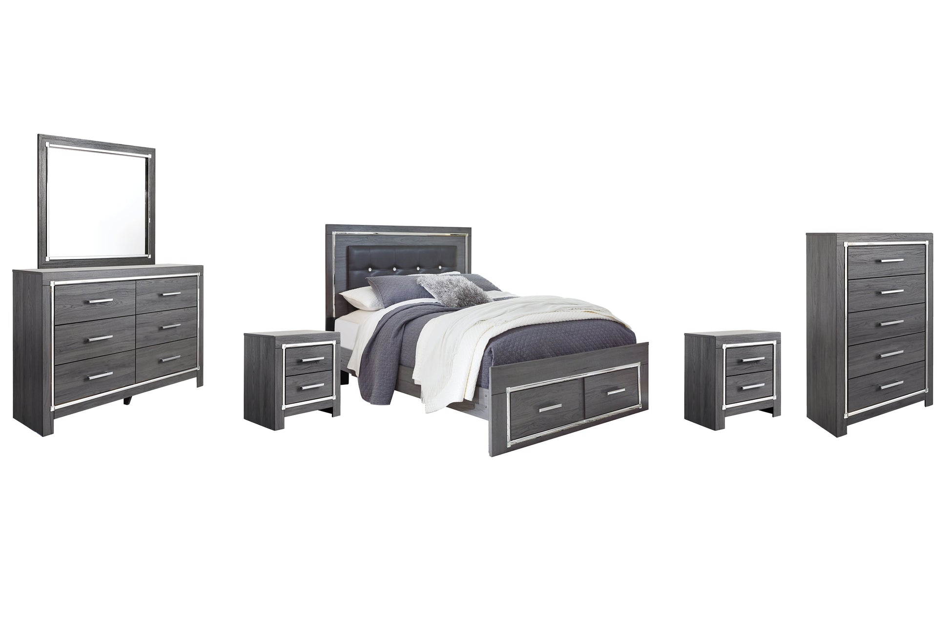 Lodanna Queen Panel Bed with 2 Storage Drawers with Mirrored Dresser, Chest and 2 Nightstands at Towne & Country Furniture (AL) furniture, home furniture, home decor, sofa, bedding