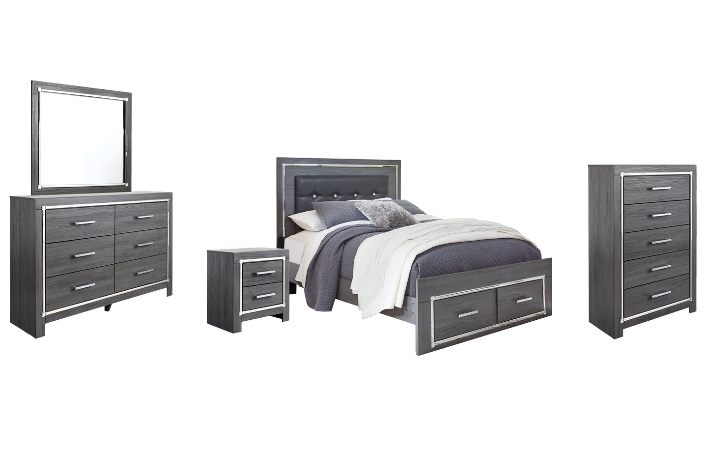 Lodanna Queen Panel Bed with 2 Storage Drawers with Mirrored Dresser, Chest and Nightstand at Towne & Country Furniture (AL) furniture, home furniture, home decor, sofa, bedding