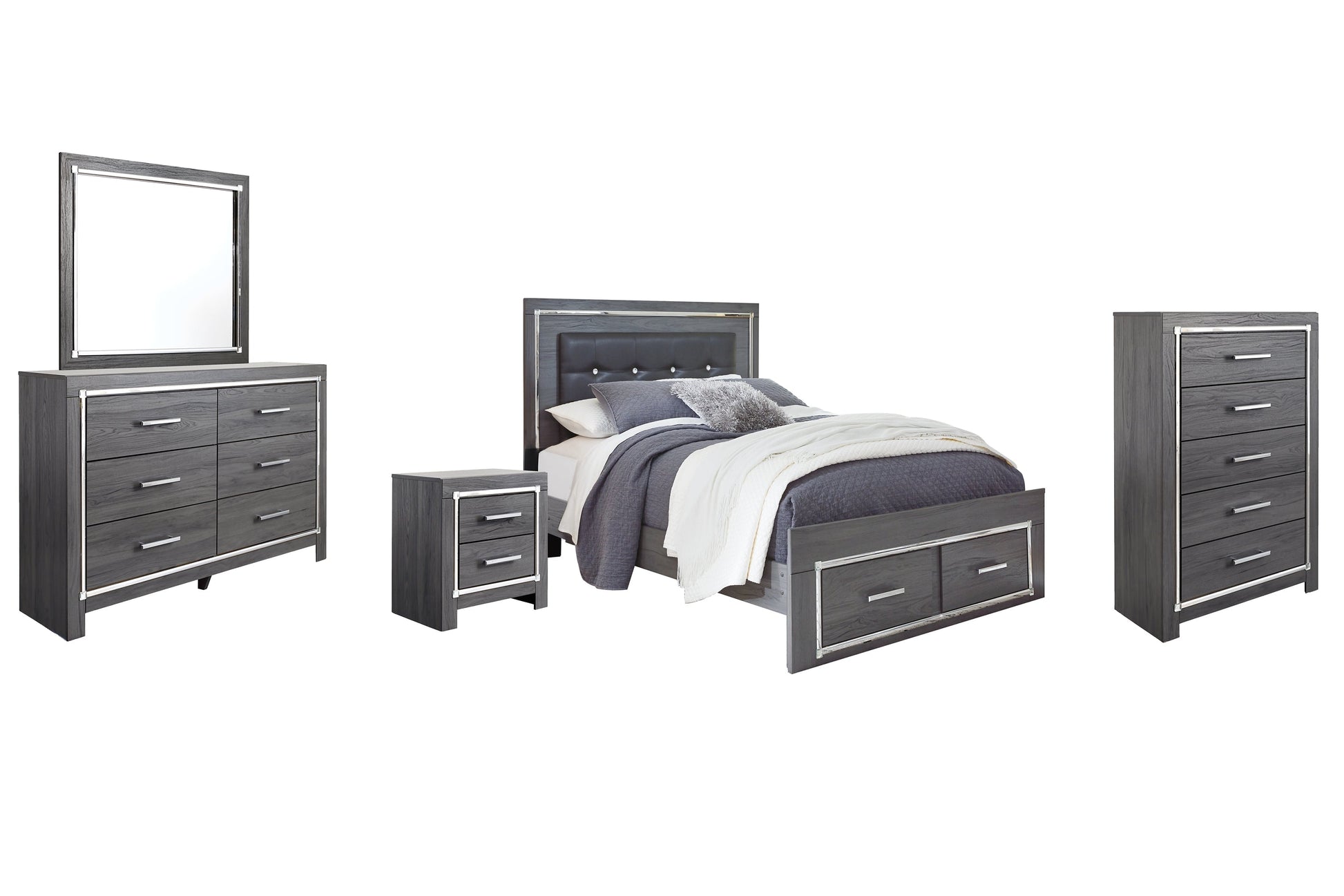 Lodanna Queen Panel Bed with 2 Storage Drawers with Mirrored Dresser, Chest and Nightstand at Towne & Country Furniture (AL) furniture, home furniture, home decor, sofa, bedding