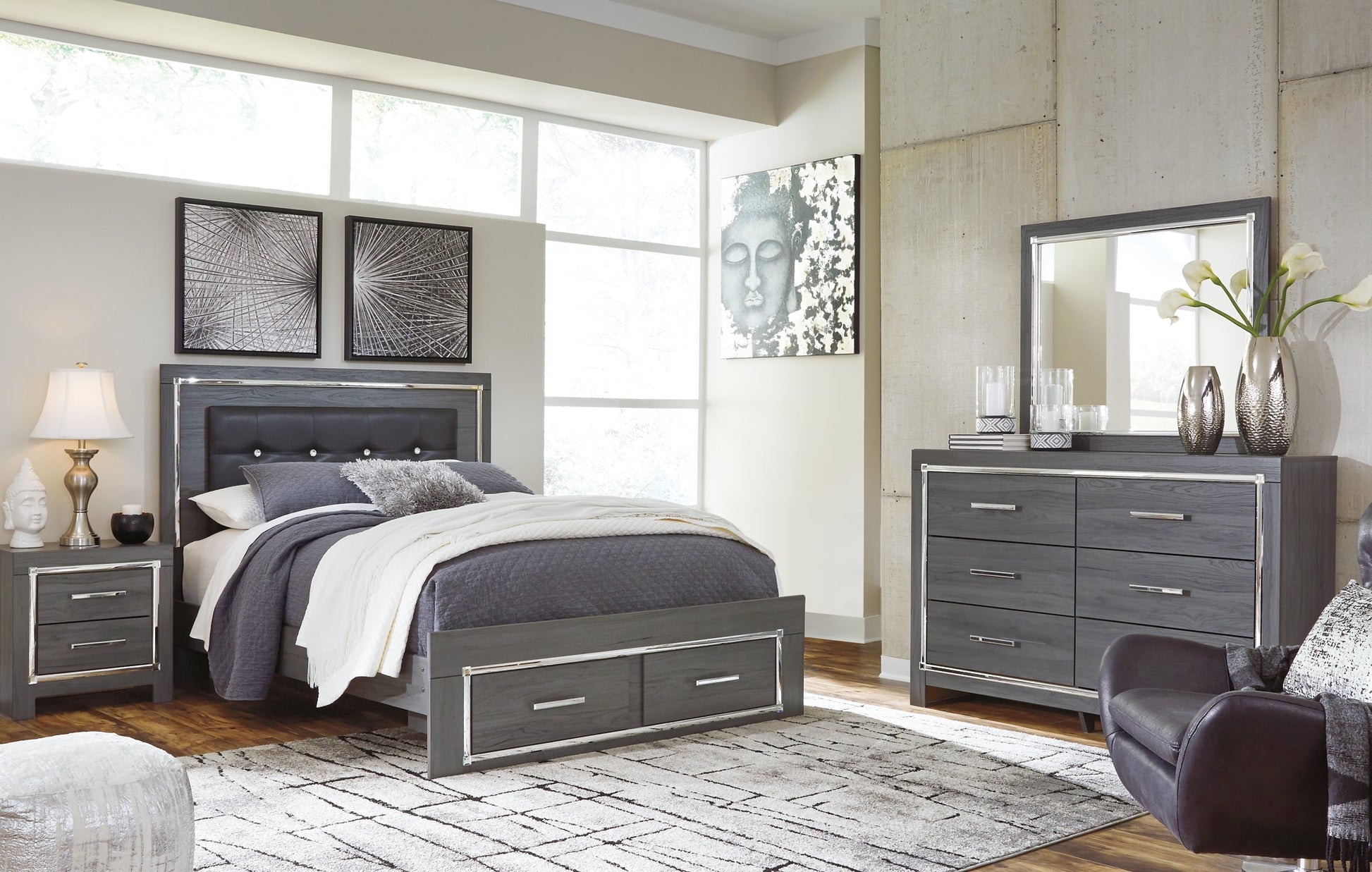 Lodanna Queen Panel Bed with 2 Storage Drawers with Mirrored Dresser, Chest and Nightstand at Towne & Country Furniture (AL) furniture, home furniture, home decor, sofa, bedding