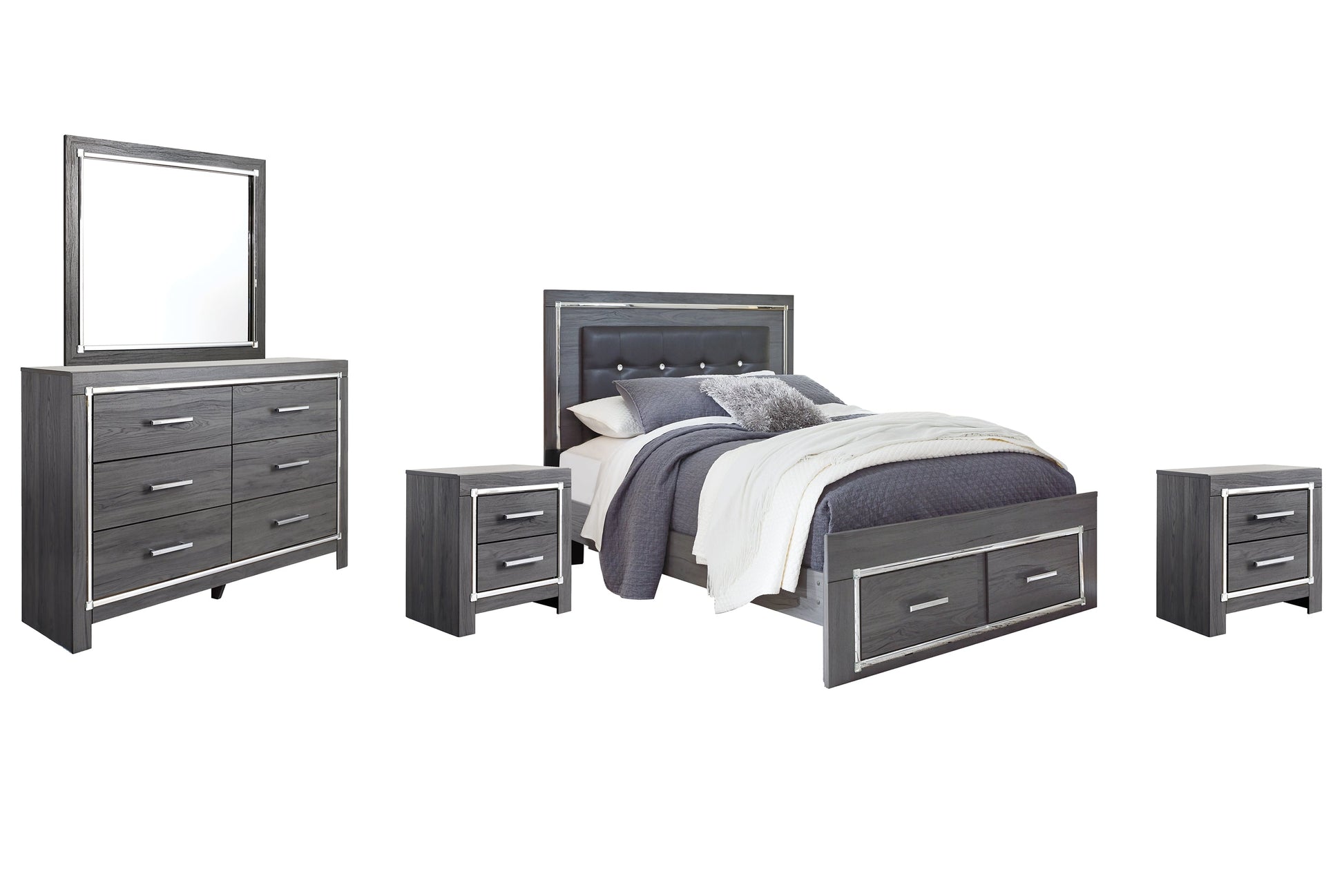 Lodanna Queen Panel Bed with 2 Storage Drawers with Mirrored Dresser and 2 Nightstands at Towne & Country Furniture (AL) furniture, home furniture, home decor, sofa, bedding