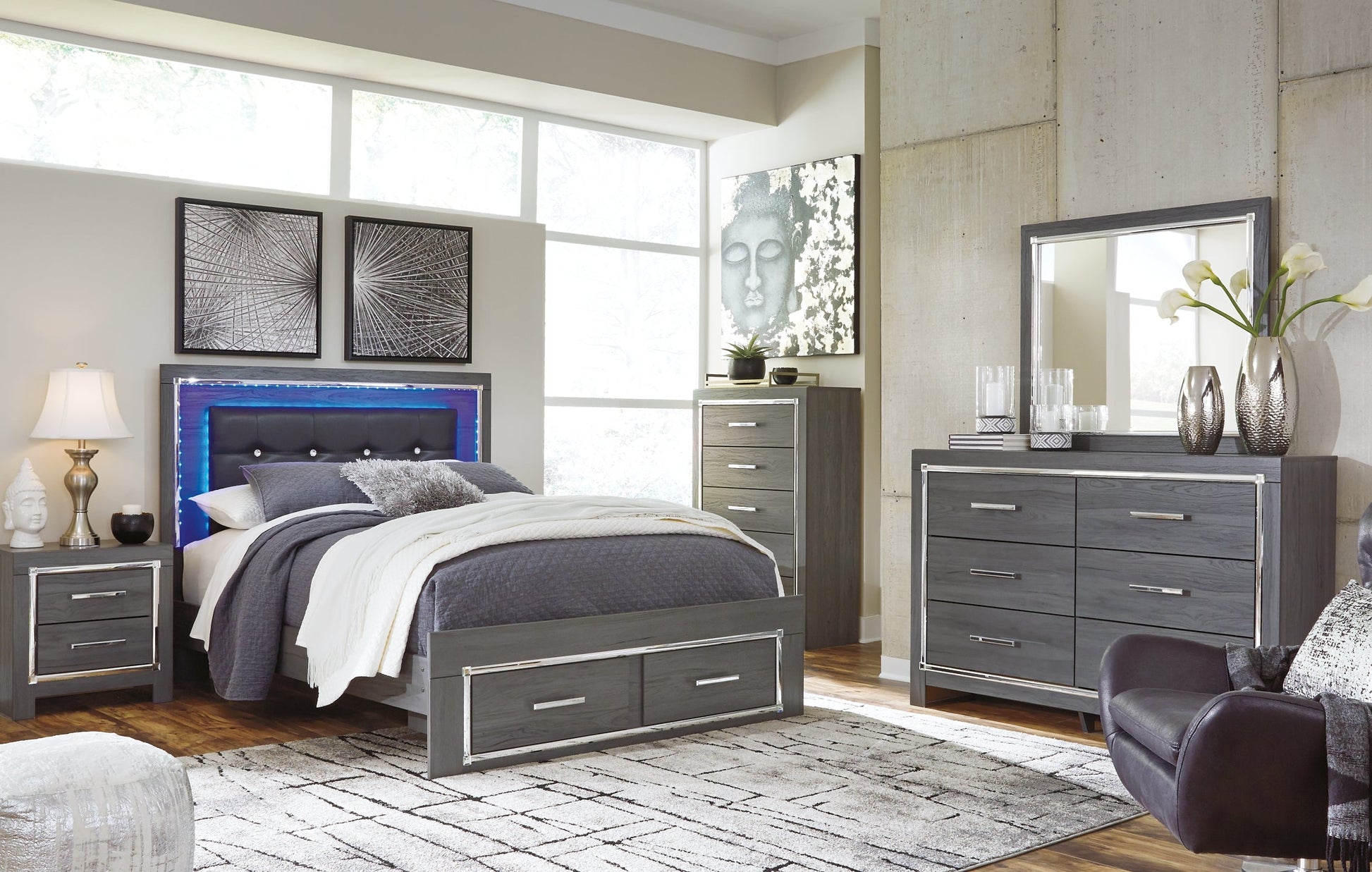 Lodanna Queen Panel Bed with 2 Storage Drawers with Mirrored Dresser and 2 Nightstands at Towne & Country Furniture (AL) furniture, home furniture, home decor, sofa, bedding