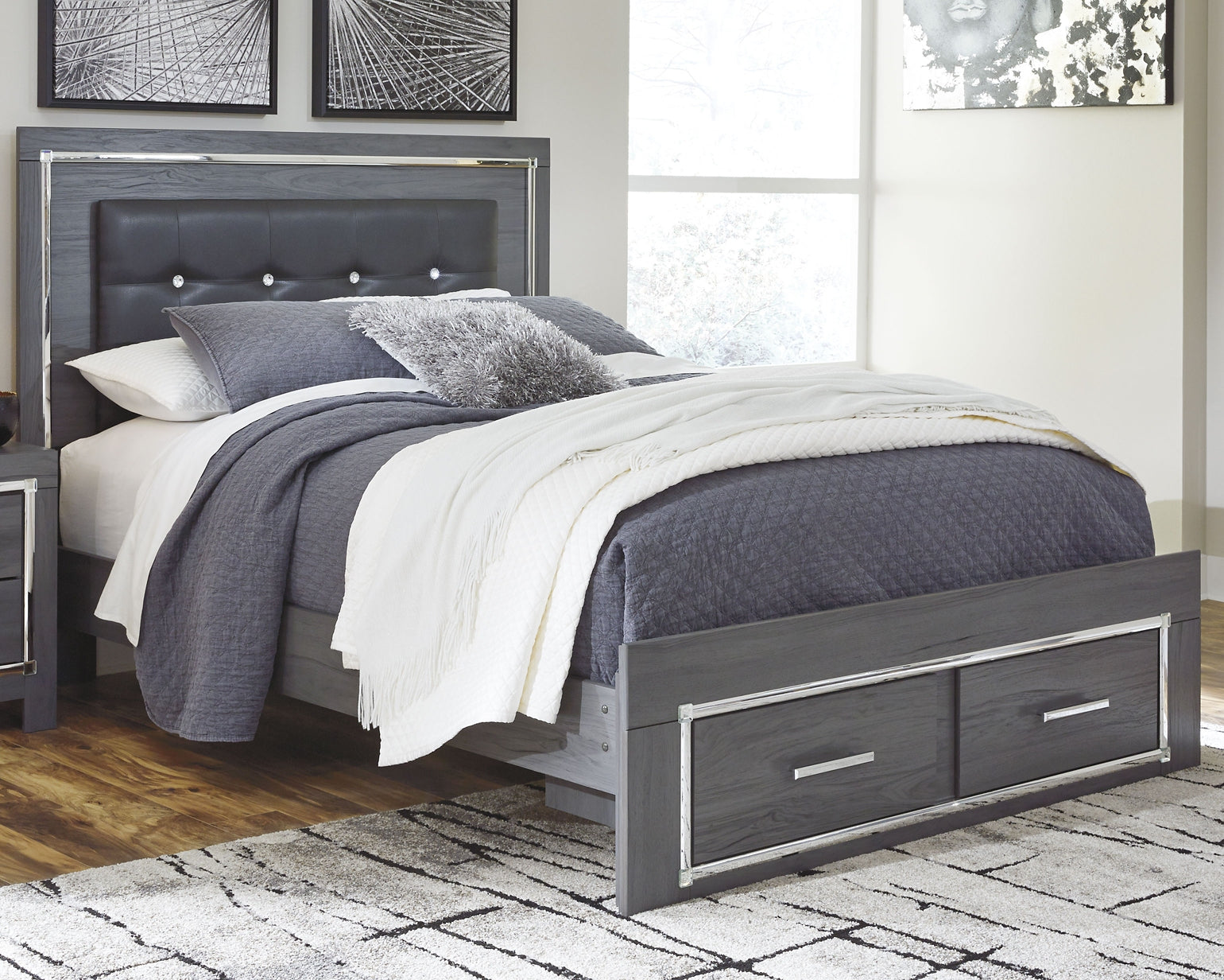 Lodanna Queen Panel Bed with 2 Storage Drawers with Mirrored Dresser and Nightstand at Towne & Country Furniture (AL) furniture, home furniture, home decor, sofa, bedding