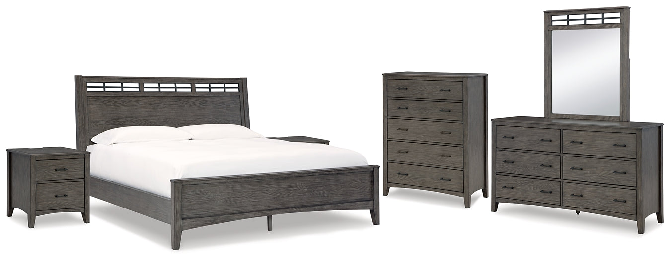 Montillan California King Panel Bed with Mirrored Dresser, Chest and 2 Nightstands at Towne & Country Furniture (AL) furniture, home furniture, home decor, sofa, bedding