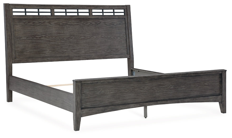 Montillan California King Panel Bed with Mirrored Dresser, Chest and 2 Nightstands at Towne & Country Furniture (AL) furniture, home furniture, home decor, sofa, bedding