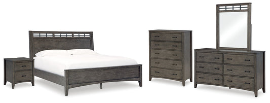 Montillan California King Panel Bed with Mirrored Dresser, Chest and Nightstand at Towne & Country Furniture (AL) furniture, home furniture, home decor, sofa, bedding