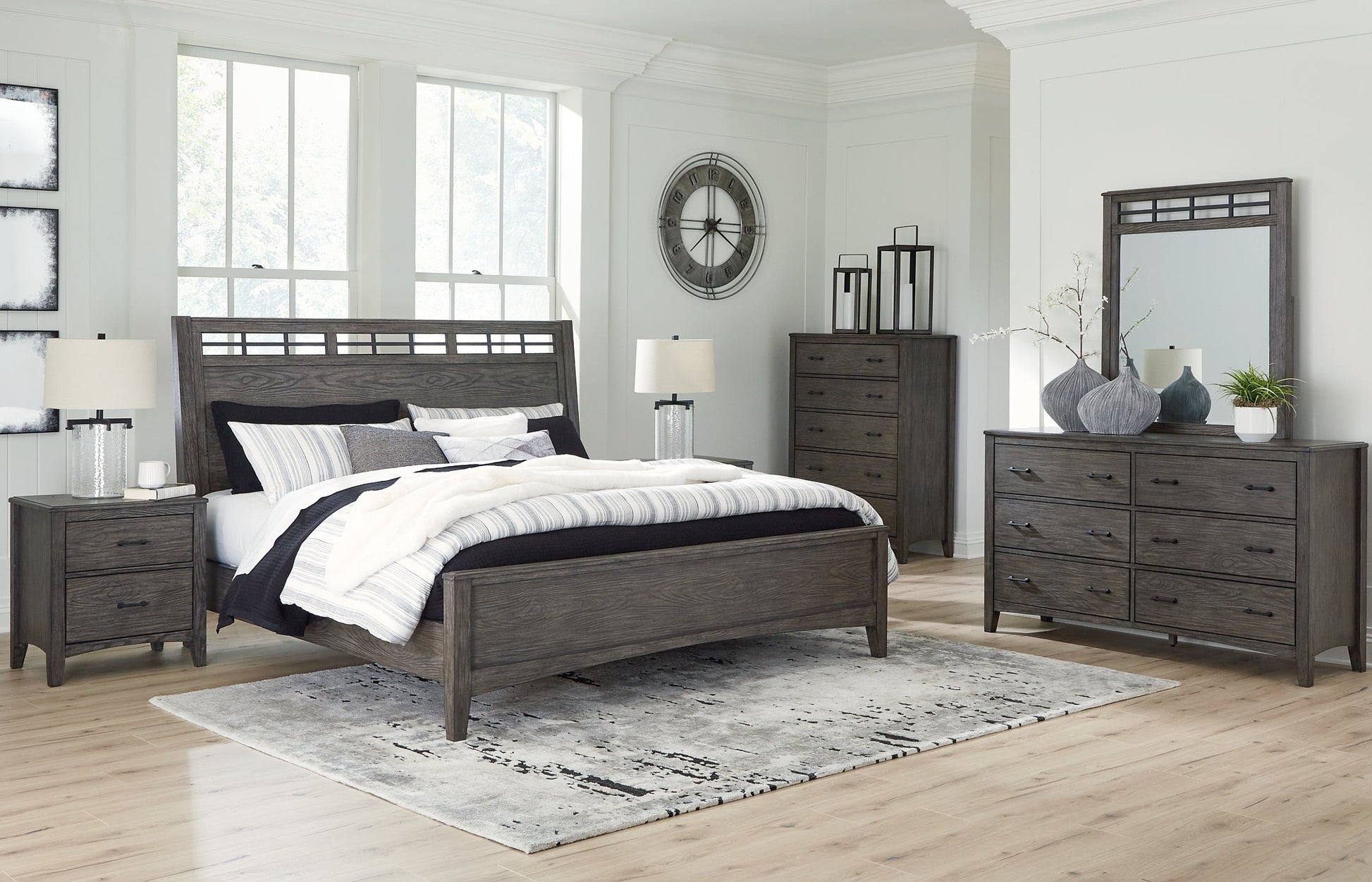 Montillan California King Panel Bed with Mirrored Dresser and Nightstand at Towne & Country Furniture (AL) furniture, home furniture, home decor, sofa, bedding