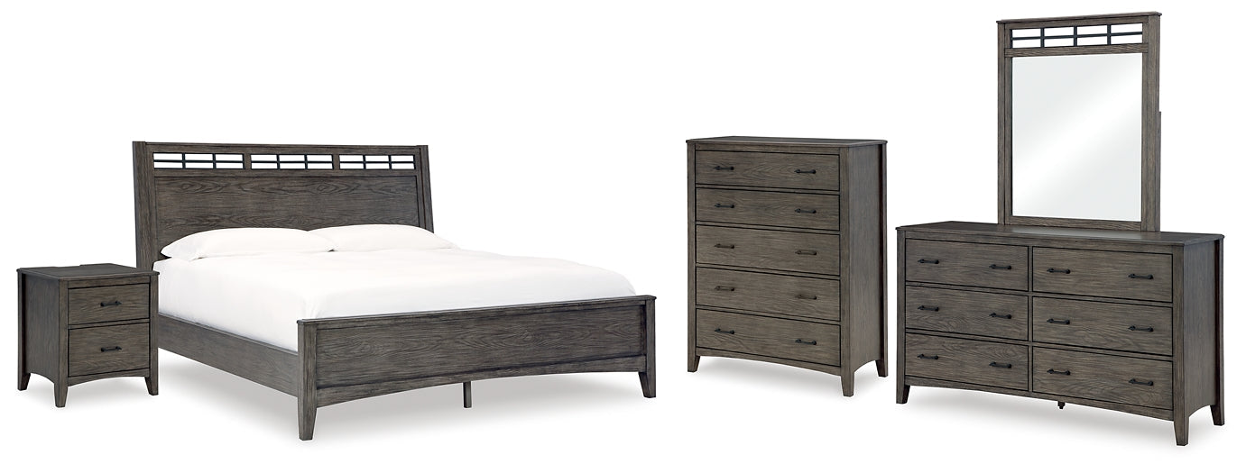 Montillan King Panel Bed with Mirrored Dresser, Chest and Nightstand at Towne & Country Furniture (AL) furniture, home furniture, home decor, sofa, bedding