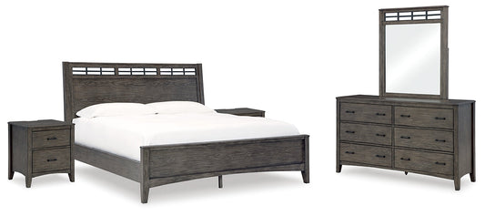 Montillan King Panel Bed with Mirrored Dresser and 2 Nightstands at Towne & Country Furniture (AL) furniture, home furniture, home decor, sofa, bedding