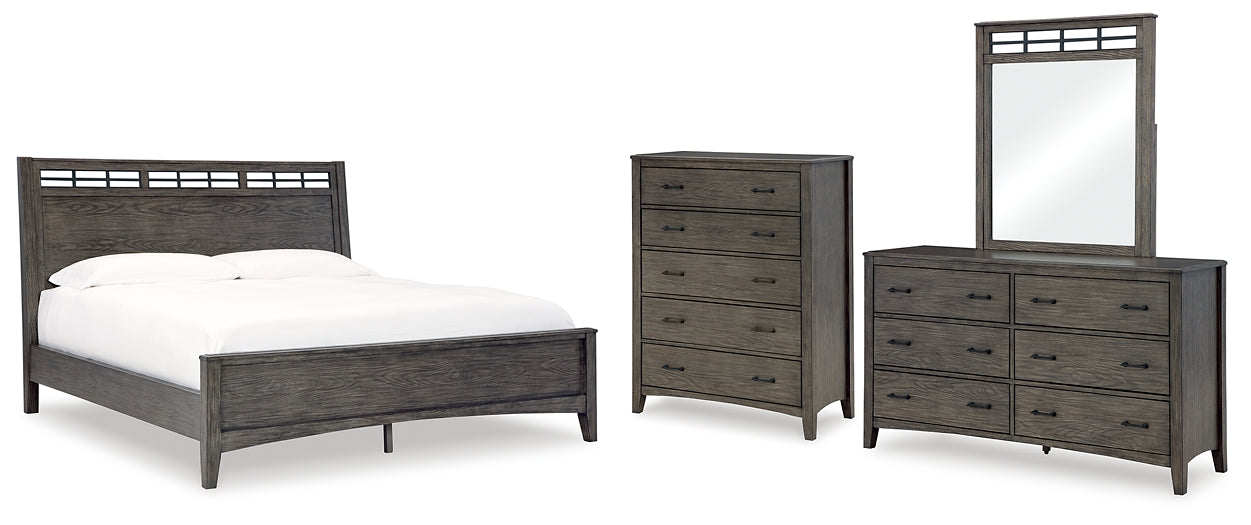 Montillan King Panel Bed with Mirrored Dresser and Chest at Towne & Country Furniture (AL) furniture, home furniture, home decor, sofa, bedding