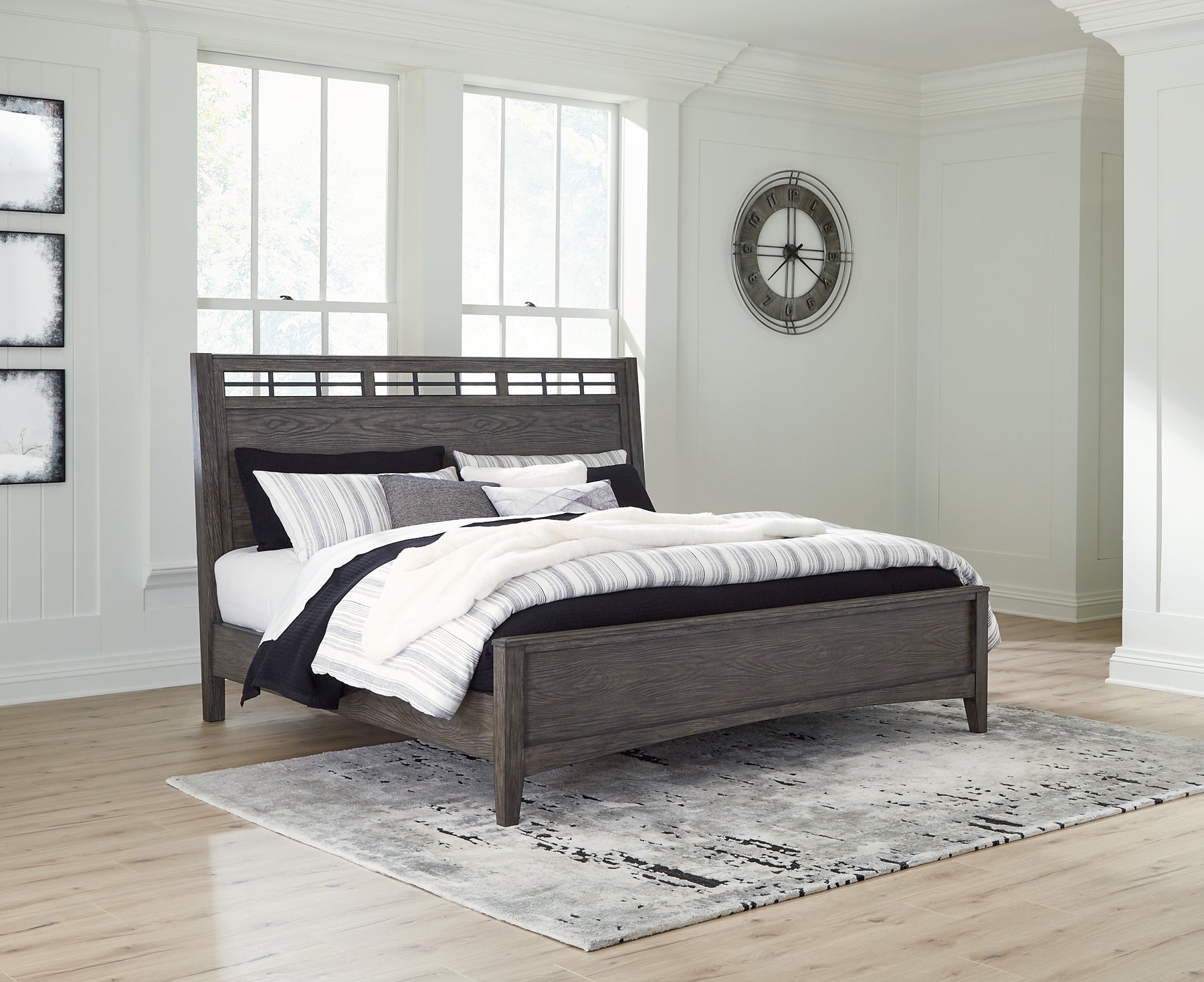 Montillan Queen Panel Bed with Mirrored Dresser, Chest and Nightstand at Towne & Country Furniture (AL) furniture, home furniture, home decor, sofa, bedding