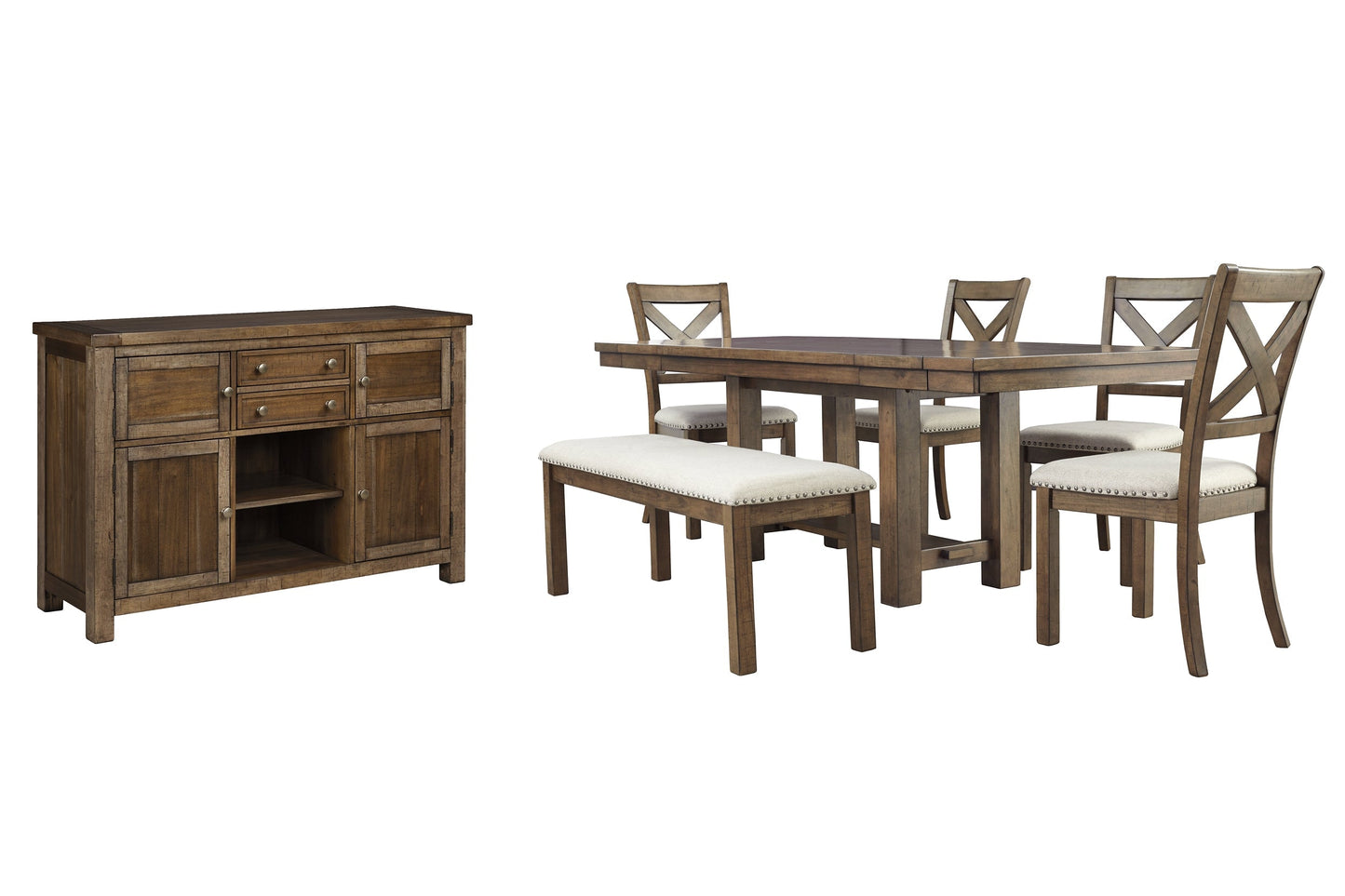 Moriville Dining Table and 4 Chairs and Bench with Storage at Towne & Country Furniture (AL) furniture, home furniture, home decor, sofa, bedding
