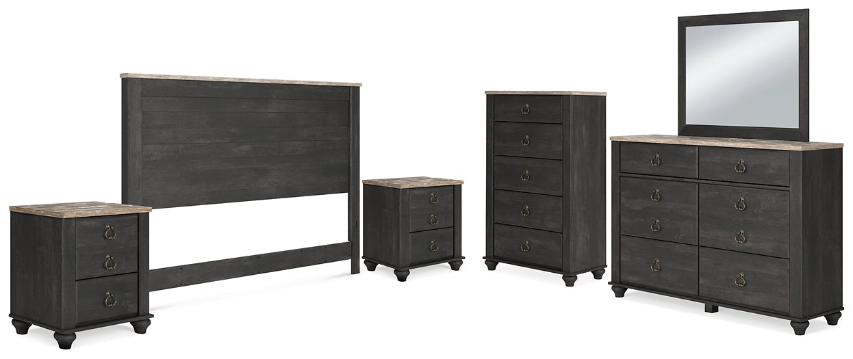 Nanforth King/California King Panel Headboard with Mirrored Dresser, Chest and 2 Nightstands at Towne & Country Furniture (AL) furniture, home furniture, home decor, sofa, bedding