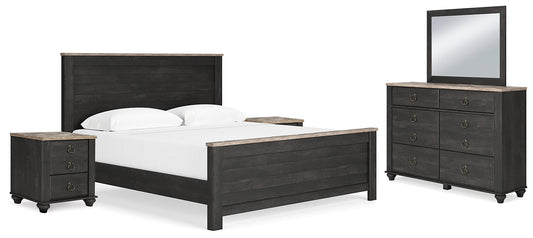 Nanforth King Panel Bed with Mirrored Dresser and 2 Nightstands at Towne & Country Furniture (AL) furniture, home furniture, home decor, sofa, bedding