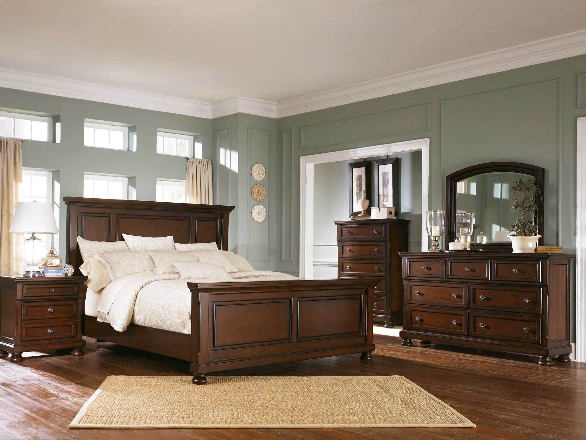 Porter California King Panel Bed with Mirrored Dresser, Chest and 2 Nightstands at Towne & Country Furniture (AL) furniture, home furniture, home decor, sofa, bedding