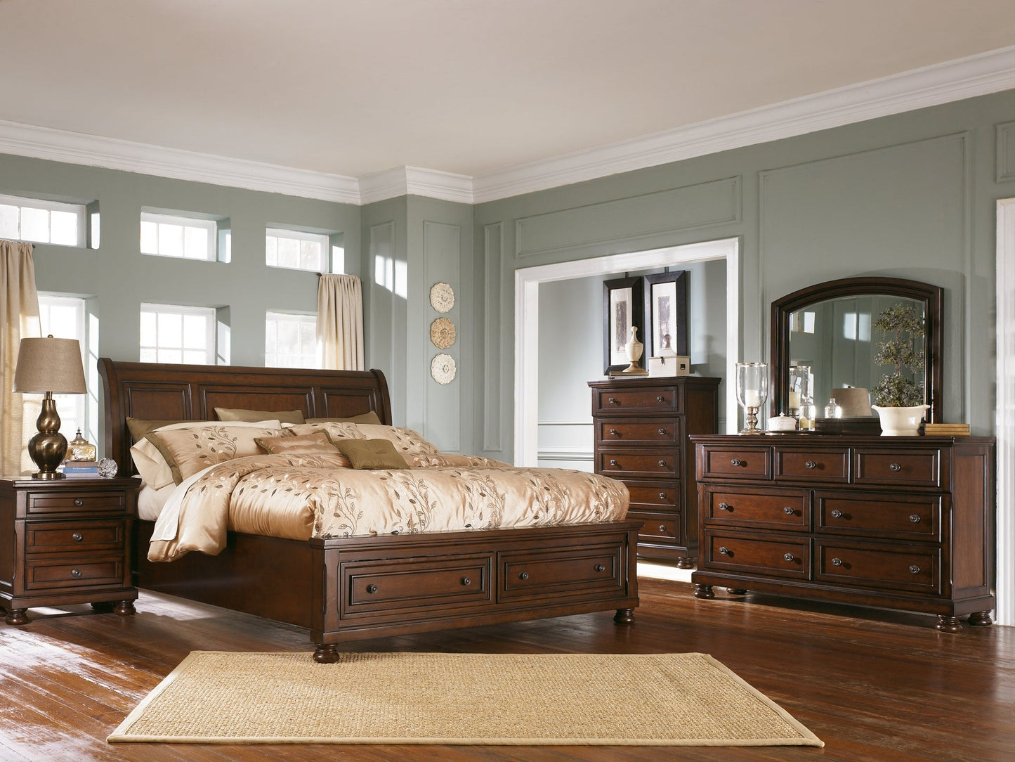 Porter California King Sleigh Bed with Mirrored Dresser and Chest at Towne & Country Furniture (AL) furniture, home furniture, home decor, sofa, bedding
