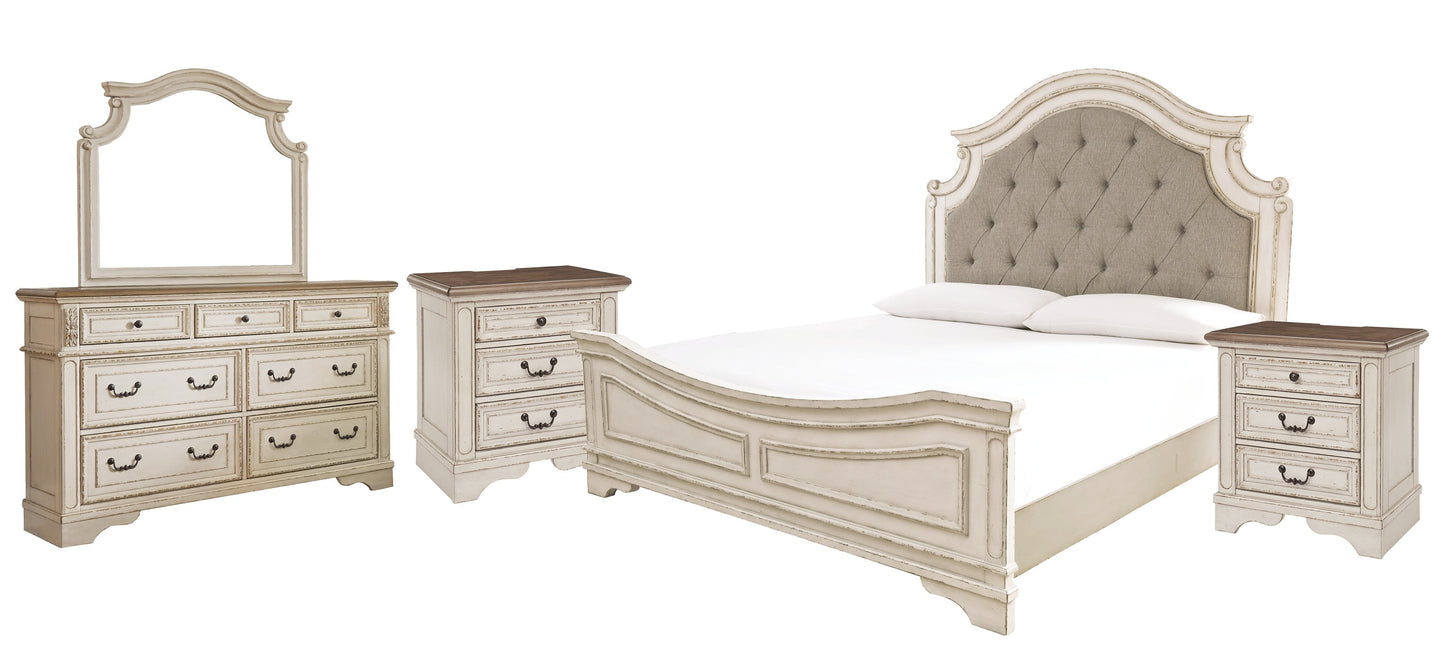 Realyn California King Upholstered Panel Bed with Mirrored Dresser and 2 Nightstands at Towne & Country Furniture (AL) furniture, home furniture, home decor, sofa, bedding