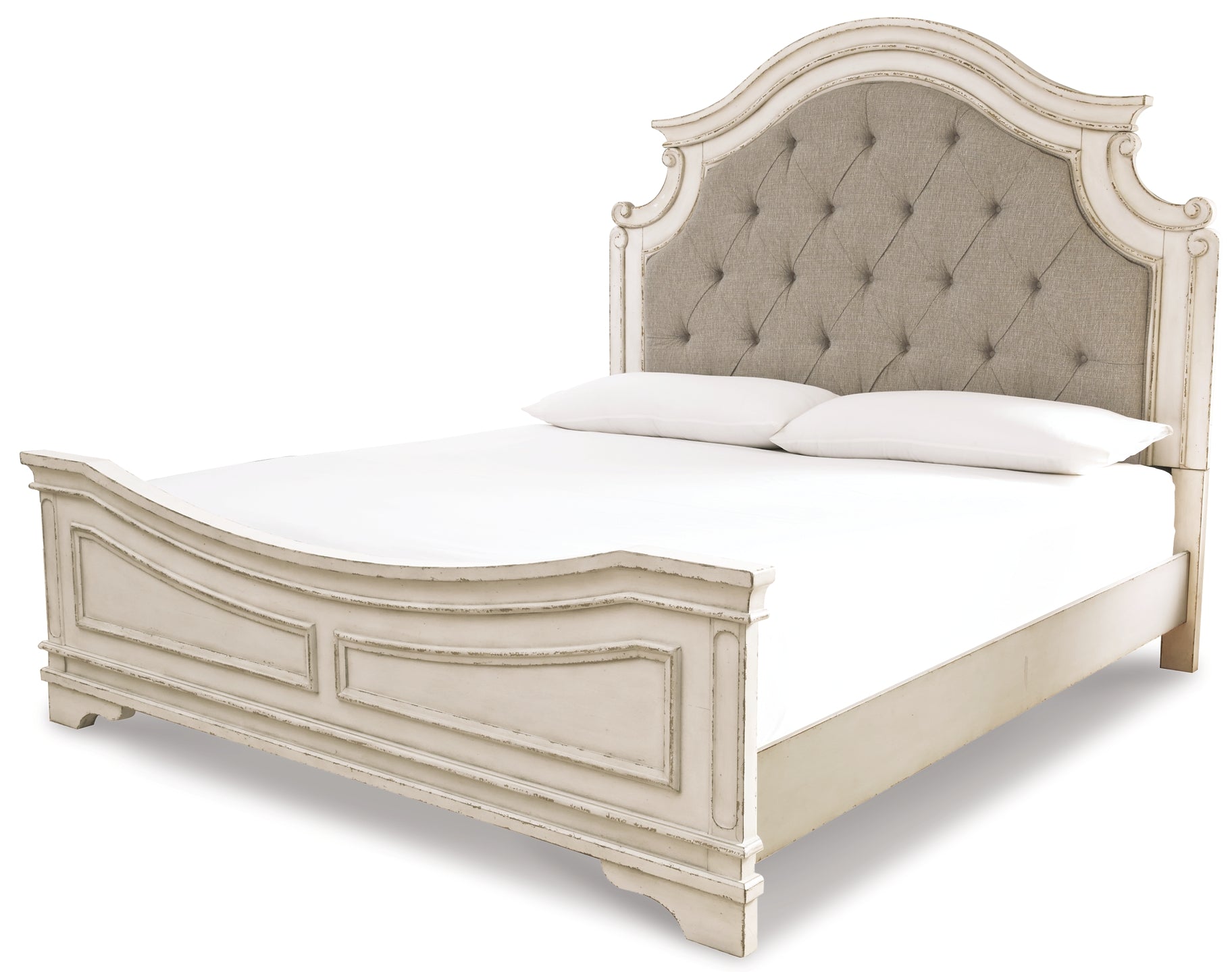 Realyn King Upholstered Panel Bed with Mirrored Dresser and Nightstand at Towne & Country Furniture (AL) furniture, home furniture, home decor, sofa, bedding