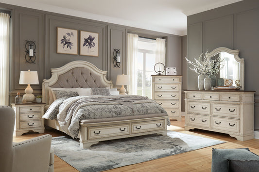 Realyn Queen Upholstered Bed with Mirrored Dresser at Towne & Country Furniture (AL) furniture, home furniture, home decor, sofa, bedding