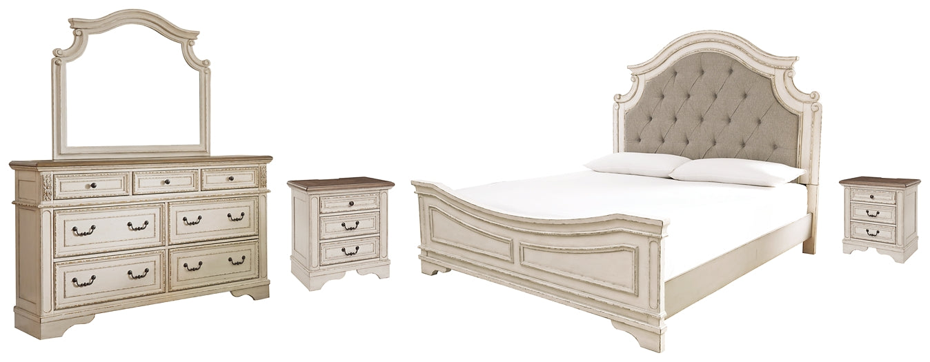Realyn Queen Upholstered Panel Bed with Mirrored Dresser and 2 Nightstands at Towne & Country Furniture (AL) furniture, home furniture, home decor, sofa, bedding