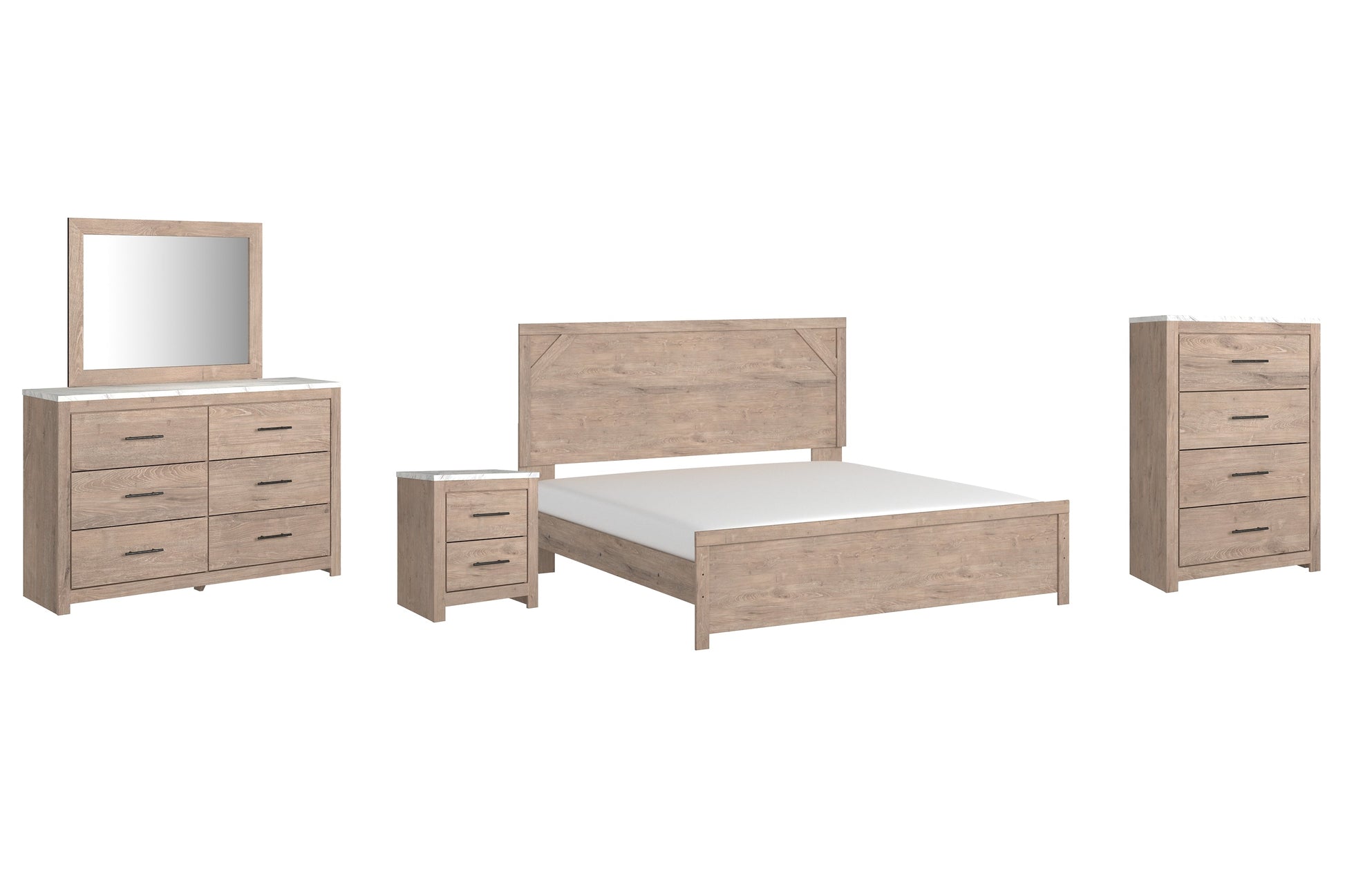 Senniberg King Panel Bed with Mirrored Dresser, Chest and Nightstand at Towne & Country Furniture (AL) furniture, home furniture, home decor, sofa, bedding