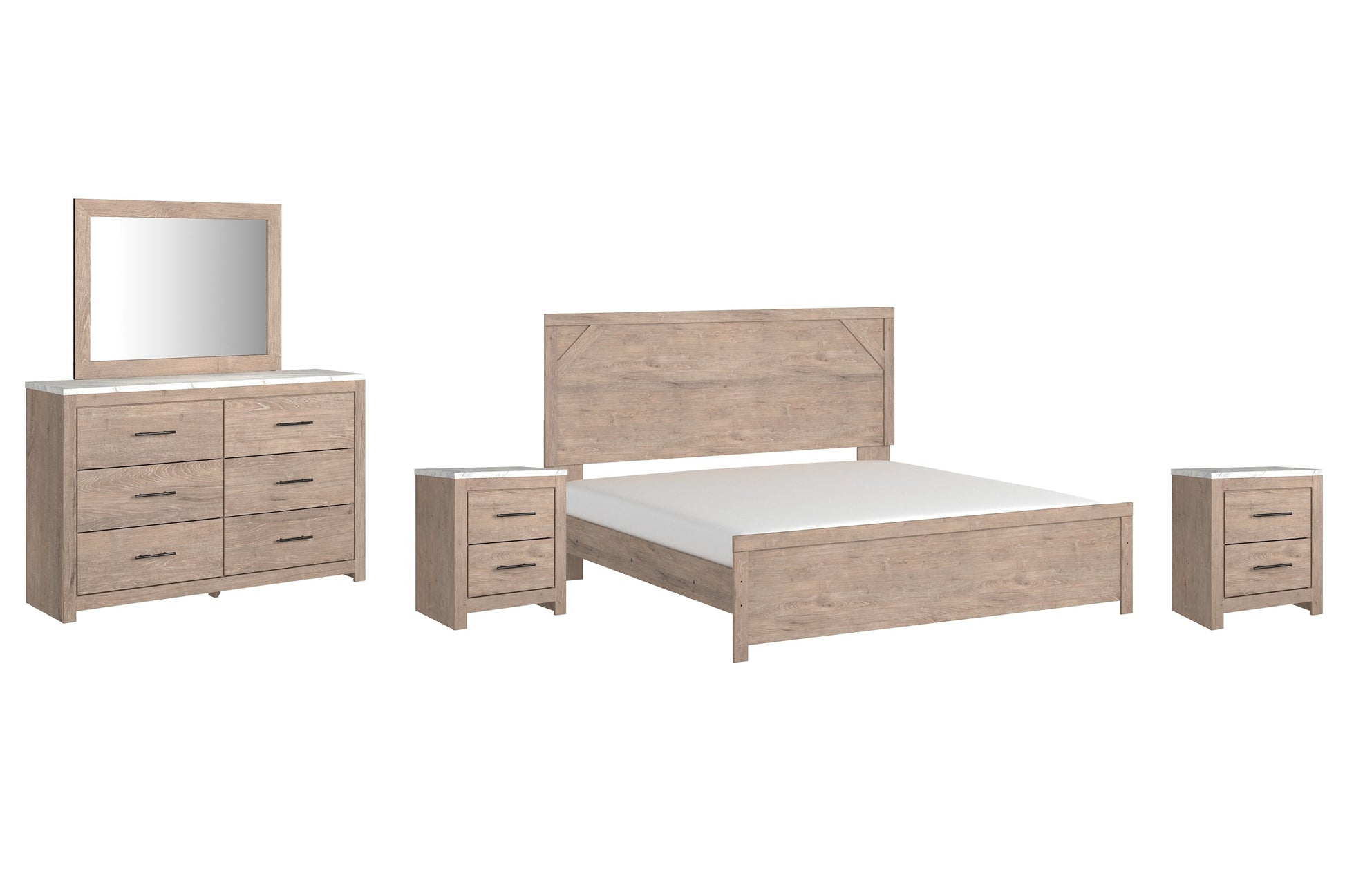 Senniberg King Panel Bed with Mirrored Dresser and 2 Nightstands at Towne & Country Furniture (AL) furniture, home furniture, home decor, sofa, bedding