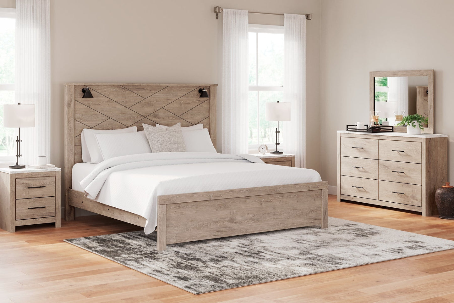 Senniberg King Panel Bed with Mirrored Dresser at Towne & Country Furniture (AL) furniture, home furniture, home decor, sofa, bedding