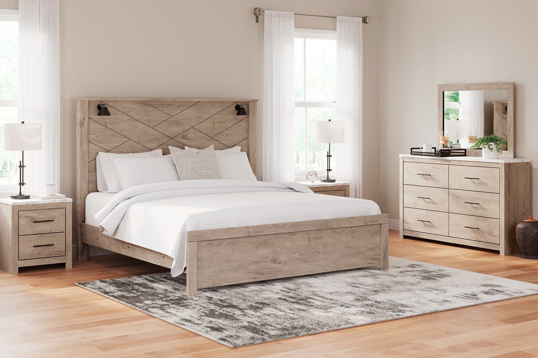 Senniberg King Panel Bed with Mirrored Dresser at Towne & Country Furniture (AL) furniture, home furniture, home decor, sofa, bedding