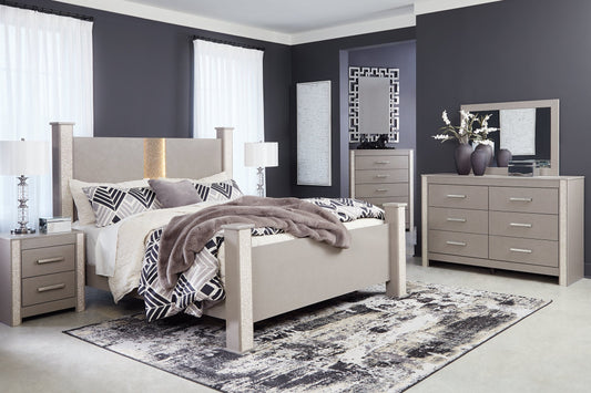 Surancha King Poster Bed with Mirrored Dresser, Chest and 2 Nightstands at Towne & Country Furniture (AL) furniture, home furniture, home decor, sofa, bedding