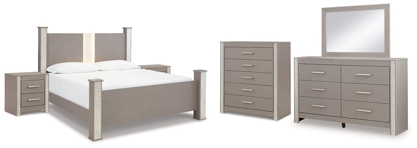 Surancha King Poster Bed with Mirrored Dresser, Chest and 2 Nightstands at Towne & Country Furniture (AL) furniture, home furniture, home decor, sofa, bedding